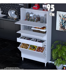 Eliusta Irmak 95 cm Çift Kapaklı 2 Çekmeceli 3 Göz Sepetli Çok Amaçlı Mutfak Kiler Banyo Dolabı 95x181x32 cm
