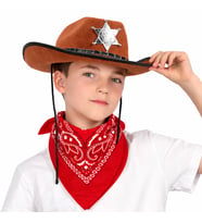 Çocuk Kovboy Şapka Rozetli Kahverengi &amp; Kırmızı Bandana Fular Seti