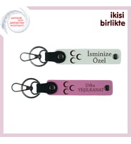 Özel Hediyelik – Üç Hilal, İsim ve Soyisim Yazılabilir 2’li Anahtarlık, Beyaz-Pembe