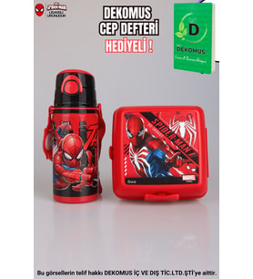 YENİ SEZON LİSANSLI SPIDERMAN 500 ML ÇELİK MATARA VE 2 KATLI BESLENME KUTUSU / LUNCH BOX SETİ "DEKOMUS CEP DEFTERİ HEDİYELİ " (Kırmızı)