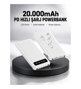 Mey İthalat® LED Işıklı 20.000mAh Powerbank LCD Gösterge Dahili Çoklu Kablo Yeni Nesil