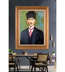 Altın Varaklı Çerçeveli Paspartulu Atatürk Tablo nh469 (Gold)