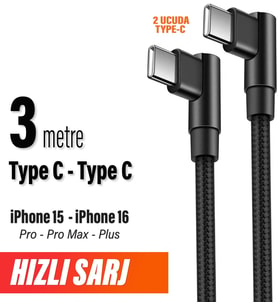 3 Metre TYPE-C Şarj Kablosu HIZLI Şarj Samsung ile Uyumlu Type c to Type C Uzun Kablo