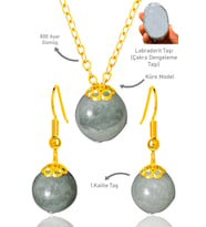 Sertifikalı Gold Küre Model Labradorit Taşı Kolye ve Küpe Seti - Gümüş Aparatlı (Çok Renkli)
