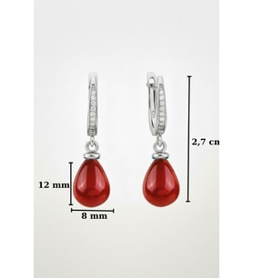 925 Ayar Gümüş Sallantılı Damla Kırmızı Mercan Taşlı Kadın Küpe  8×12 mm Mercan  3,2 cm