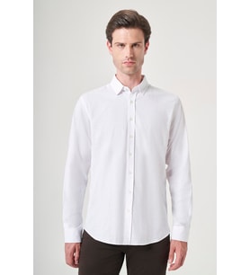 Beyaz Biritli Yaka Uzun Kol Cepsiz Slim Fit Pamuklu Gömlek 1004260207