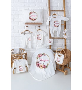 Pia Baby Premium Lüks Yenidoğan Kız Bebek Hediyesi 11 Parça İsim Baskılı Set 5072-00 (Ekru)
