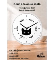 İsme Özel Siyah Kedi Çocuk Odası Duvar Saati Orta Boy 30 cm Beyaz Camlı Sessiz