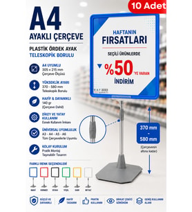 10 Adet - A4 Ayaklı Fiyat Etiketlik Teleskopik Borulu Çerçeve Etiketlik Yönlendirme Levhası Menü Panosu Mavi