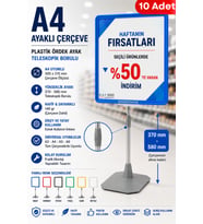 10 Adet - A4 Ayaklı Fiyat Etiketlik Teleskopik Borulu Çerçeve Etiketlik Yönlendirme Levhası Menü Panosu Mavi