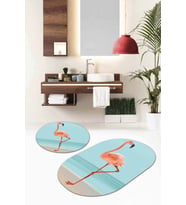 Turkuaz Flamingo Banyo Halısı Klozet Oval Paspas Seti BS085