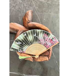 Bambu İpek Şık Japon Yelpaze - Yeşil Pembe Çiçekli
