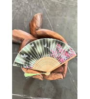Bambu İpek Şık Japon Yelpaze - Yeşil Pembe Çiçekli