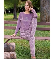 Pijamoni Kadın Kışlık Bisiklet Yaka Likralı Kadife Pijama Takımı 4210/6- 1 Adet (Lila)