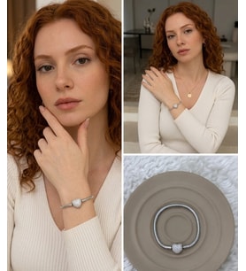 Premium Gümüş Renk Parlak ve Modern Taş Detay Kalp Figür Zirkon Charm 316L Çelik Bileklik (~18cm)