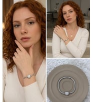 Premium Gümüş Renk Parlak ve Modern Taş Detay Kalp Figür Zirkon Charm 316L Çelik Bileklik (~18cm)