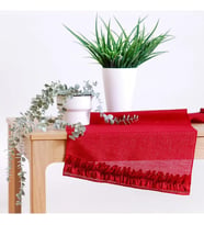 Simli Keten Runner Kırmızı Fırfırlı 45x150