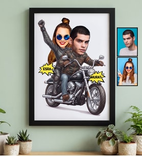 Kişiye Özel Karikatürlü Motorlu Sevgililer Siyah Çerçeve Sevgililer Günü Hediyesi
