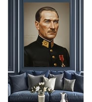 Askeri Üniformalı Siyah Beyaz Adam Atatürk Dekoratif Kanvas - Mdf Ahşap Tablo