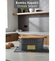 Bambu Kapaklı Ekmek Sepeti Saklama Kutusu Metal Şık Tasarım Antrasit