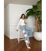 Yanları Beyaz Gül Detaylı Tasarım Jean (Mavi)