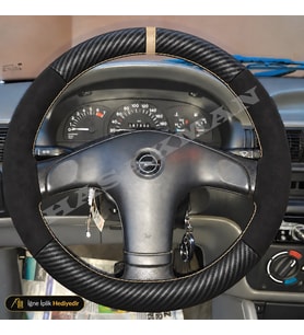 Opel Astra F Dikme Direksiyon Kılıfı Alcantara Süet Mat Karbon Bej Yüzük ve Dikiş Son Seri-GLS-GL 1994-1998