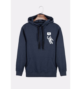 Unisex İndigo Kapüşonlu Astronot Baskılı Slim Fit Kanguru Cepli Sweatshirt 21K-5200180 İndigo