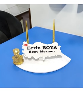 Sümen Ofis Doğal Beyaz Mermer İsimlik Haritalı Gold Çift Kalem ve Atatürk Biblo