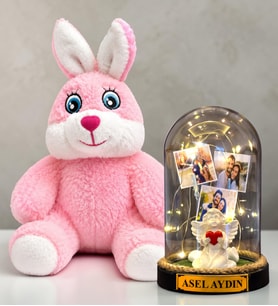 Kişiye Özel 3 Fotoğraflı LED Işıklı Fanus ve Pembe Peluş Tavşan Hediye Seti (beyaz melekli)