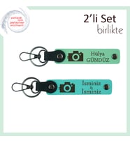 Fotoğraf Makinesi Desenli Anahtarlık Seti, Kardeşe Anlamlı Yazılabilir Hediye, Açık Yeşil-Turkuaz