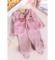 Peluş Yelekli Pamuklu İkili Kız Bebek Tulum Set (Gül Kurusu)