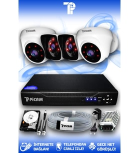 PICAM 4 Kameralı Kare 2 İç Kamera Set 1 TB HDD Full HD Gece Görüşlü Güvenlik Kamerası Sistemi