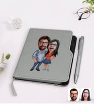BK Gift Kişiye Özel Sevgililer Karikatürlü Gri Termo Deri Defter Kalem Seti-105