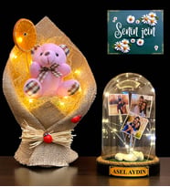 Size Özel İsimli 3 Fotoğraflı Led Işıklı Fanus ve Led Işıklı Ayıcık Buketi (Model 6)