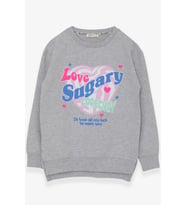 Breeze Kız Çocuk Sweatshirt Yazı Baskılı Yırtmaçlı 9-14 Yaş, Açık Gri Melanj