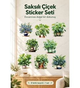 Saksılı Çiçek Tasarımlı Yapışkanlı Duvar Sticker Seti Dekorasyonu