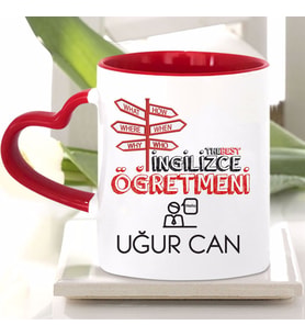 İngilizce Öğretmeni Kırmızı Kalpli Kupa Bardak (9. Tasarım)