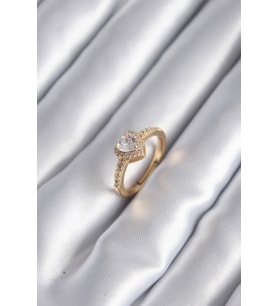 Pirinç Gold Renk Zirkon Taşlı Kalp Charm Model Kadın Yüzük (Karışık)