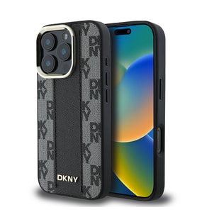 Apple iPhone 16 Pro Uyumlu Kılıf DKNY Orjinal Lisanslı M-safe Şarj Özellikli 3D Yazılı Checkered Pattern Kapak (Siyah)