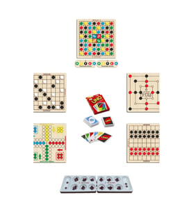 Ahşap Zeka Oyun Seti 7 li, Mangala + 9 Taş + Dama + Atla Topla + Kızma Birader + Reversi ve UNO Oyun Kartları