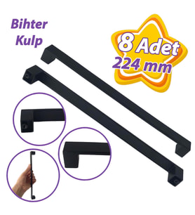 8 Adet Bihter Düz Kulp 224 mm Siyah Mutfak Kulpu Çekmece Dolap Kapak Kulbu Metal Mobilya Dolabı Kulpları