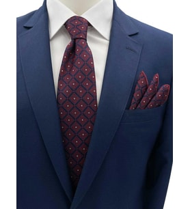 Brianze Bordo Lacivert Kare Motif Desen Kravat Mendil Set (Bordo-Lacivert)