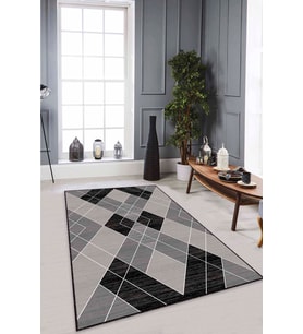 Siyah Geometrik Kaymaz Taban Makinede Yıkanabilir Halı AR472 - 100 x 160 cm