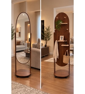 Ahşap Kapsül Oval Gövdeli Boy Aynası Tekerlekli Delikli Panel Raflı Askılık Kombinli 170*41 12-4