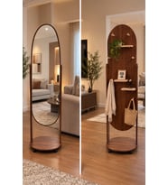 Ahşap Kapsül Oval Gövdeli Boy Aynası Tekerlekli Delikli Panel Raflı Askılık Kombinli 170*41 12-4