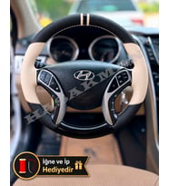 Hyundai i30 Dikme Direksiyon Kılıfı Delikli Deri Parlak Siyah Bej Detay Çift Yüzük ve Dikiş 2012-2017