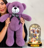 Kişiye Özel 3 Fotoğraflı Yazılı LED Işıklı Fanus ve Büyük Mor Peluş Ayıcık (unicornlu)