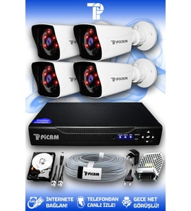 PICAM 4 Kameralı Kare 4 Dış Kamera Set 500 GB HDD Full HD Gece Görüşlü Güvenlik Kamerası Sistemi