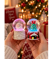 2'li Set Işıklı Mini Kar Küresi 6,5 cm Yılbaşı Çam Ağacı ve Melek Temalı Kar Küresi