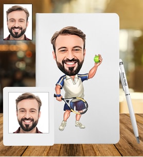 Kişiye Özel Tenisçi Tasarımlı Karikatür Deri Defter & Metal Tükenmez Kalem + Ahşap Çerçeve hediye 50